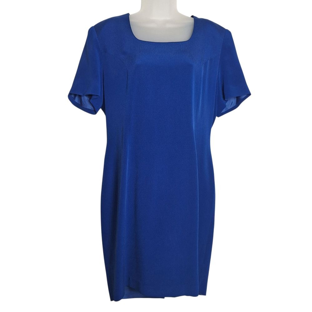 Silk Sheath Dress Royal Blue Short Sleeve Button Back Elegant 12 Womens
